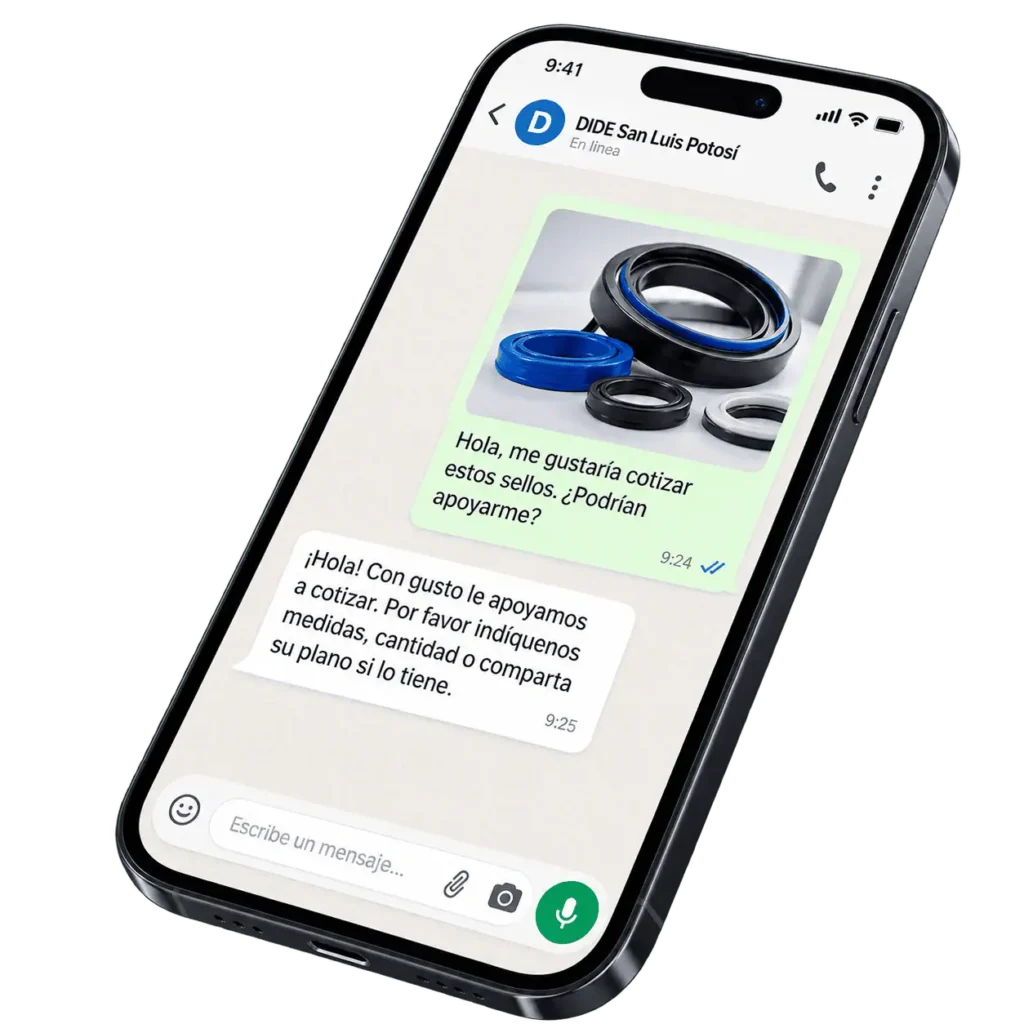 Celular con conversación de WhatsApp para cotizar sellos y empaques industriales con DIDE San Luis Potosí