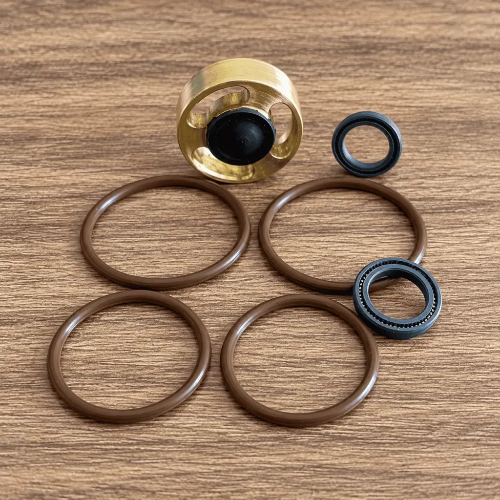 Kit de sellos industriales de latón y goma para mantenimiento y reparación de equipos hidráulicos y maquinaria.