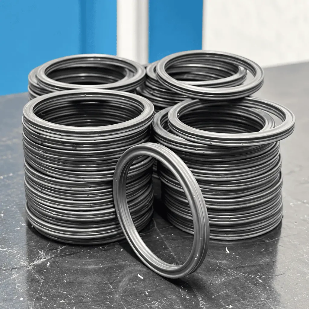 Cuadrings industriales negros apilados, anillos de sellado de cuatro lóbulos para sistemas hidráulicos y neumáticos.