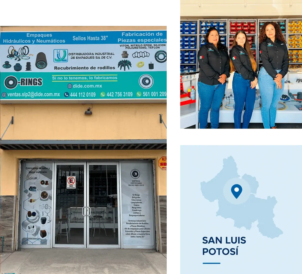 Fachada de DIDE, equipo de atención y mapa de San Luis Potosí, especialistas en sellos, empaques y refacciones industriales.